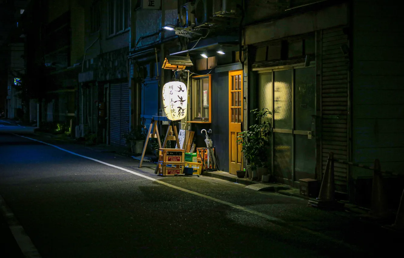 Фото обои City, Japan, Night, Street, Lamp, Shigeki Wakabayashi