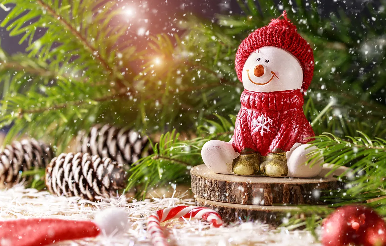 Фото обои снег, украшения, игрушки, Новый Год, Рождество, снеговик, christmas, wood