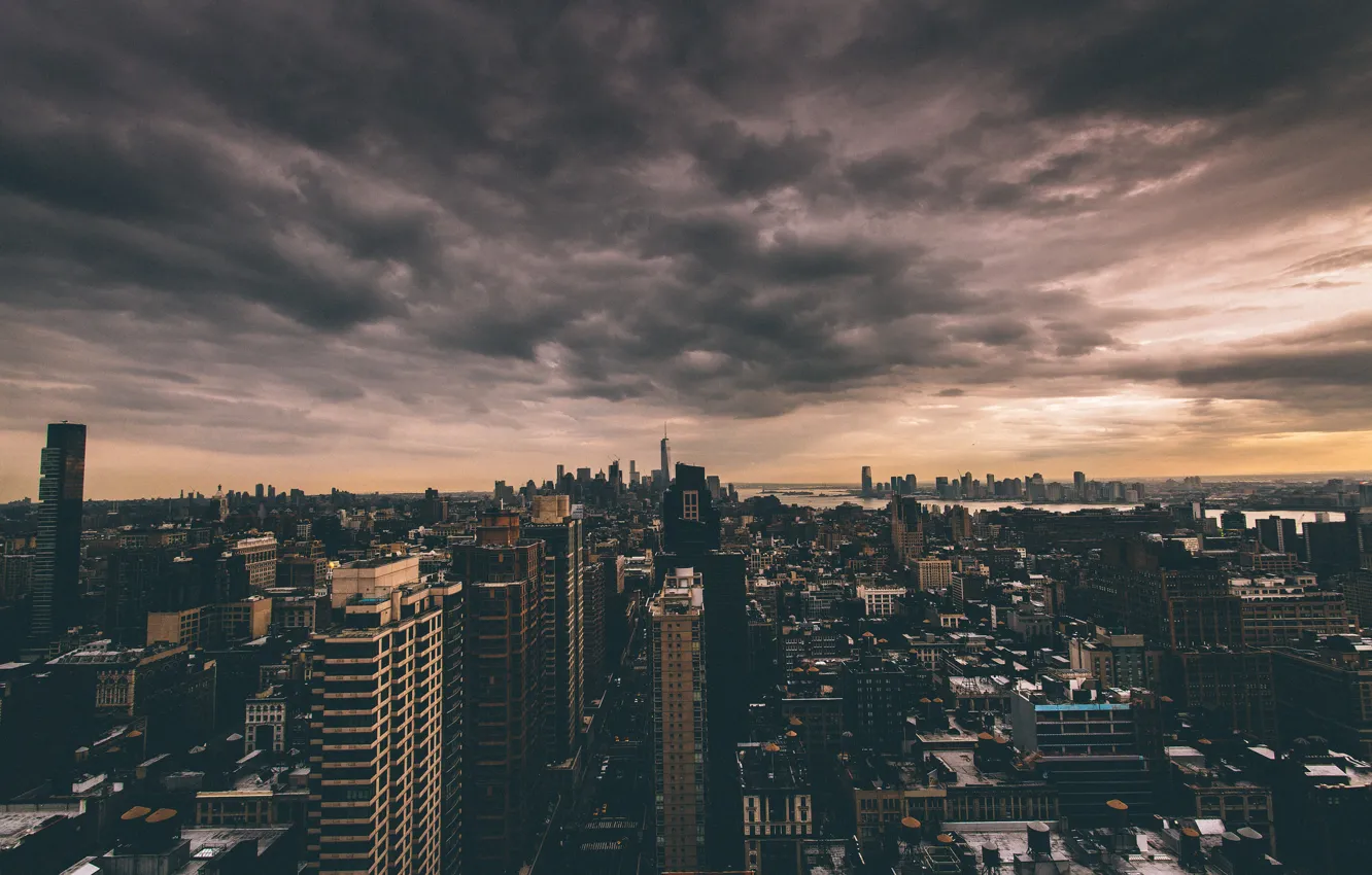 Фото обои облака, Нью-Йорк, горизонт, сумерки, Манхэттен, One World Trade Center, Соединенные Штаты, 1WTC