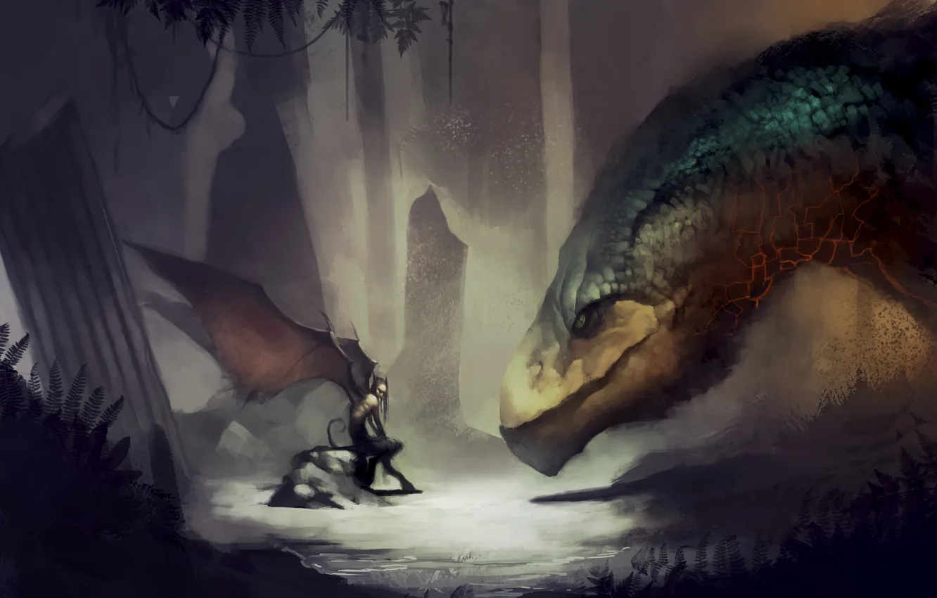 Фото обои лес, дракон, темно, встреча, крылья, демон