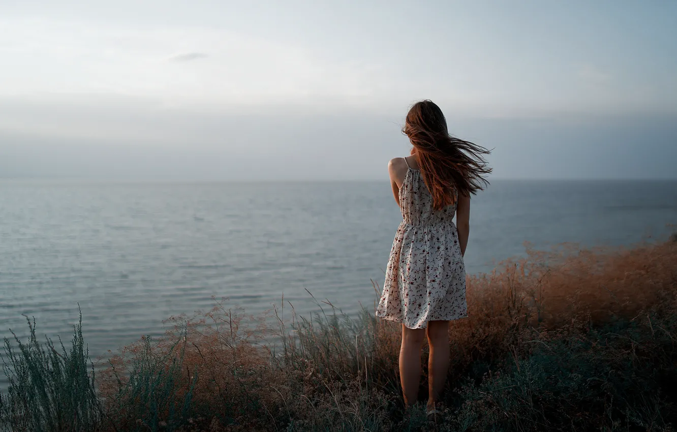 Фото обои девушка, ветер, даль, платье, у воды, Антон Фрэймз