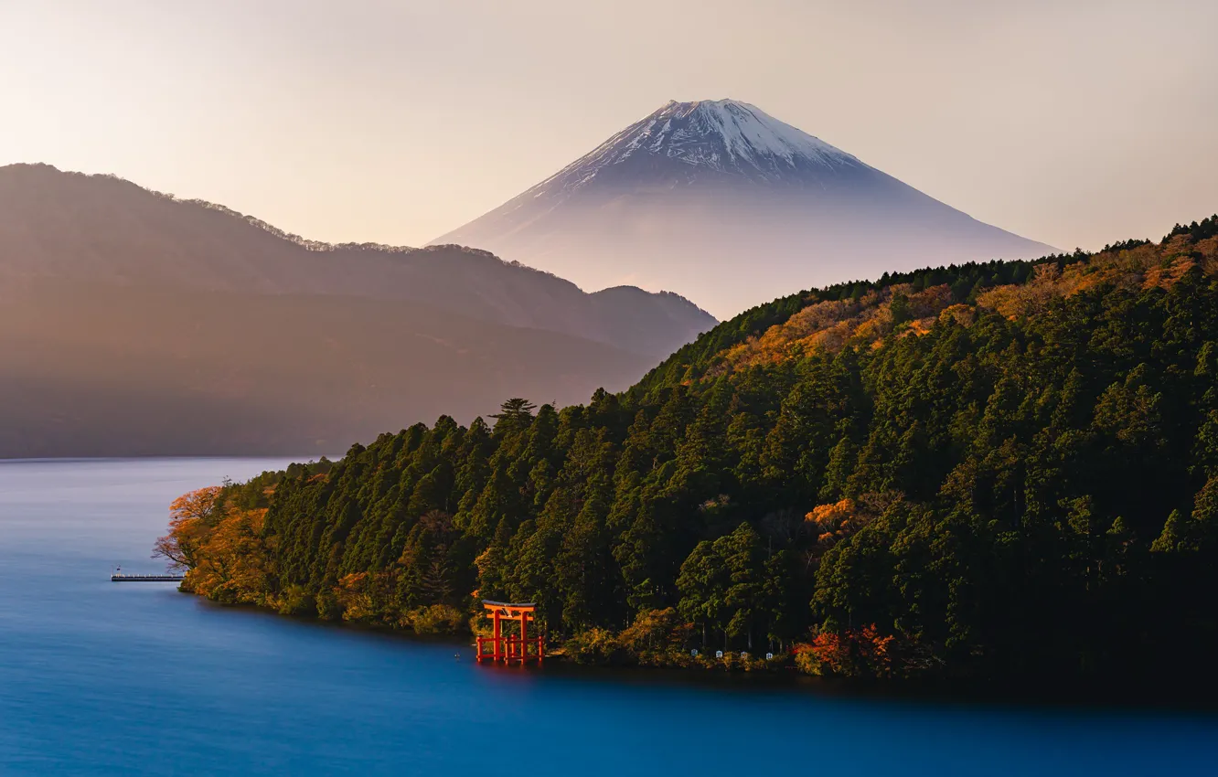 Фото обои лес, озеро, гора, вулкан, Япония, Фудзи, Japan, Mount Fuji