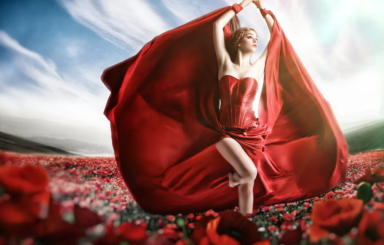 Фото обои цветы, поза, стиль, модель, платье, красное платье, Jessica Truscott