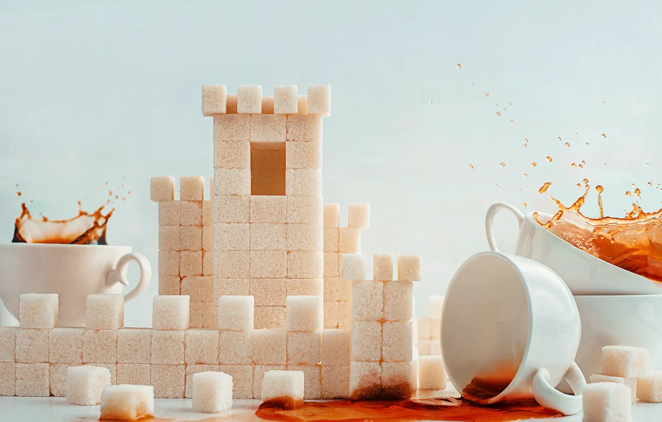 Фото обои замок, чай, чашки, сахар, рафинад
