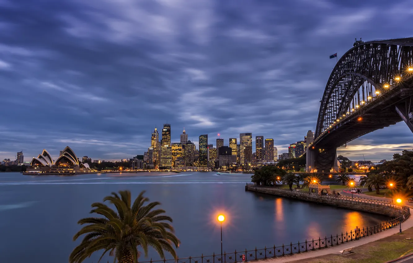 Фото обои дорога, мост, город, здания, дома, вечер, освещение, Австралия