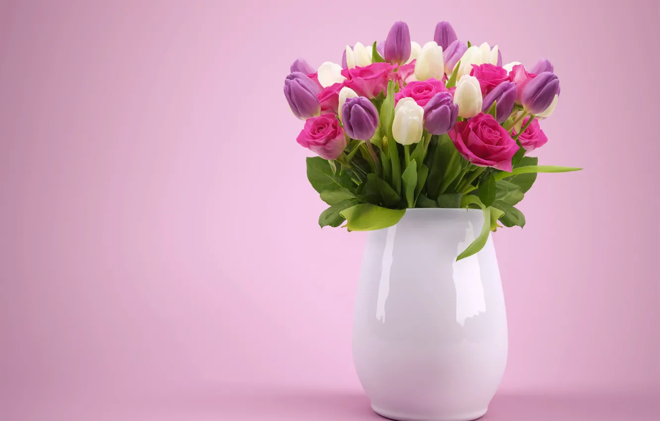 Фото обои цветы, розы, букет, тюльпаны, ваза