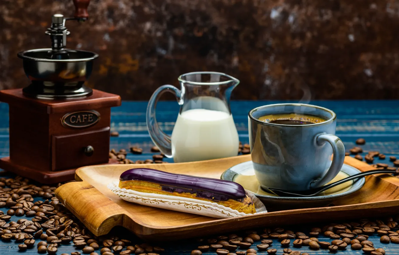 Фото обои кофе, сливки, чашка, пирожное, кофейные зерна, эклер
