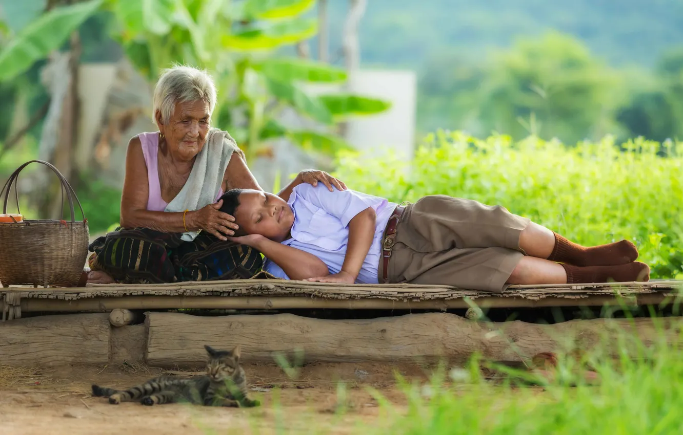Фото обои man, child, asian, villager