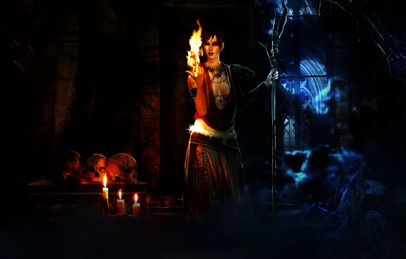 Фото обои огонь, паутина, свечи, черепа, ведьма, Morrigan, Dragon Age