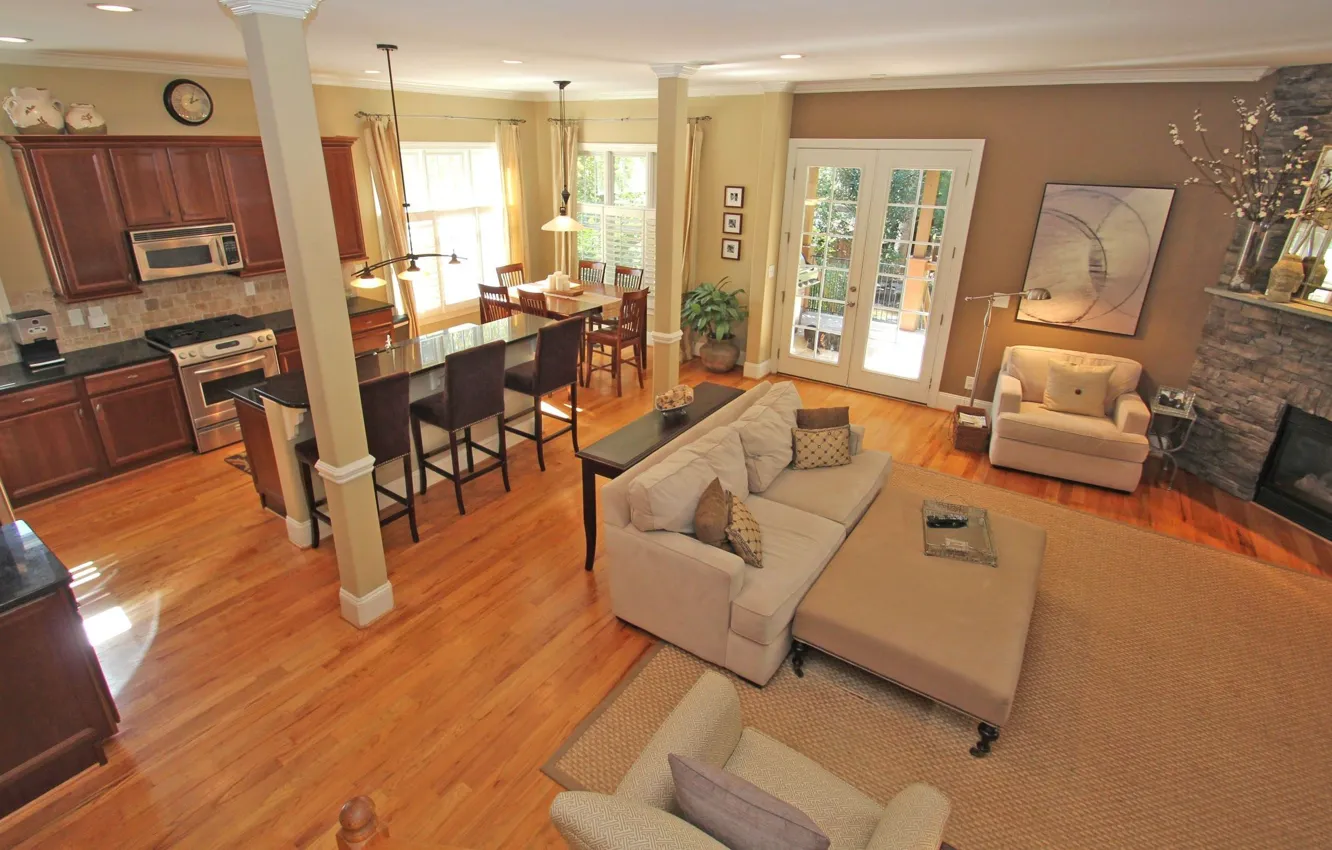 Фото обои интерьер, кухня, гостиная, столовая, open floor plan kitchen and living room