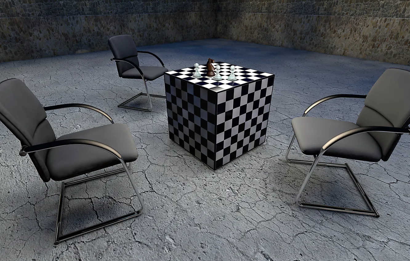 Фото обои стулья, клуб, клетки, куб, фигуры, шахмабы