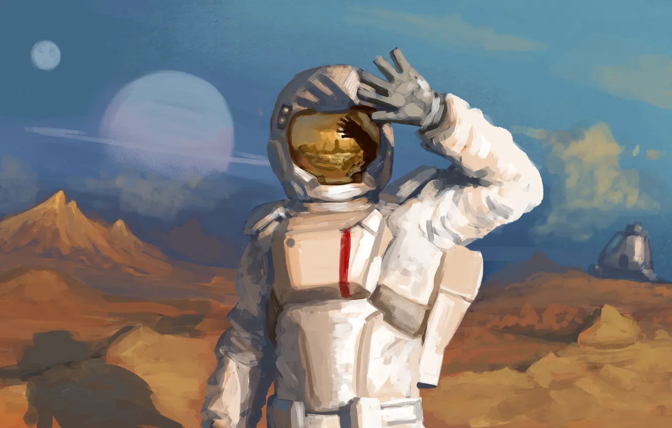 Фото обои свет, отражение, планета, космонавт, скафандр, шлем, астронавт