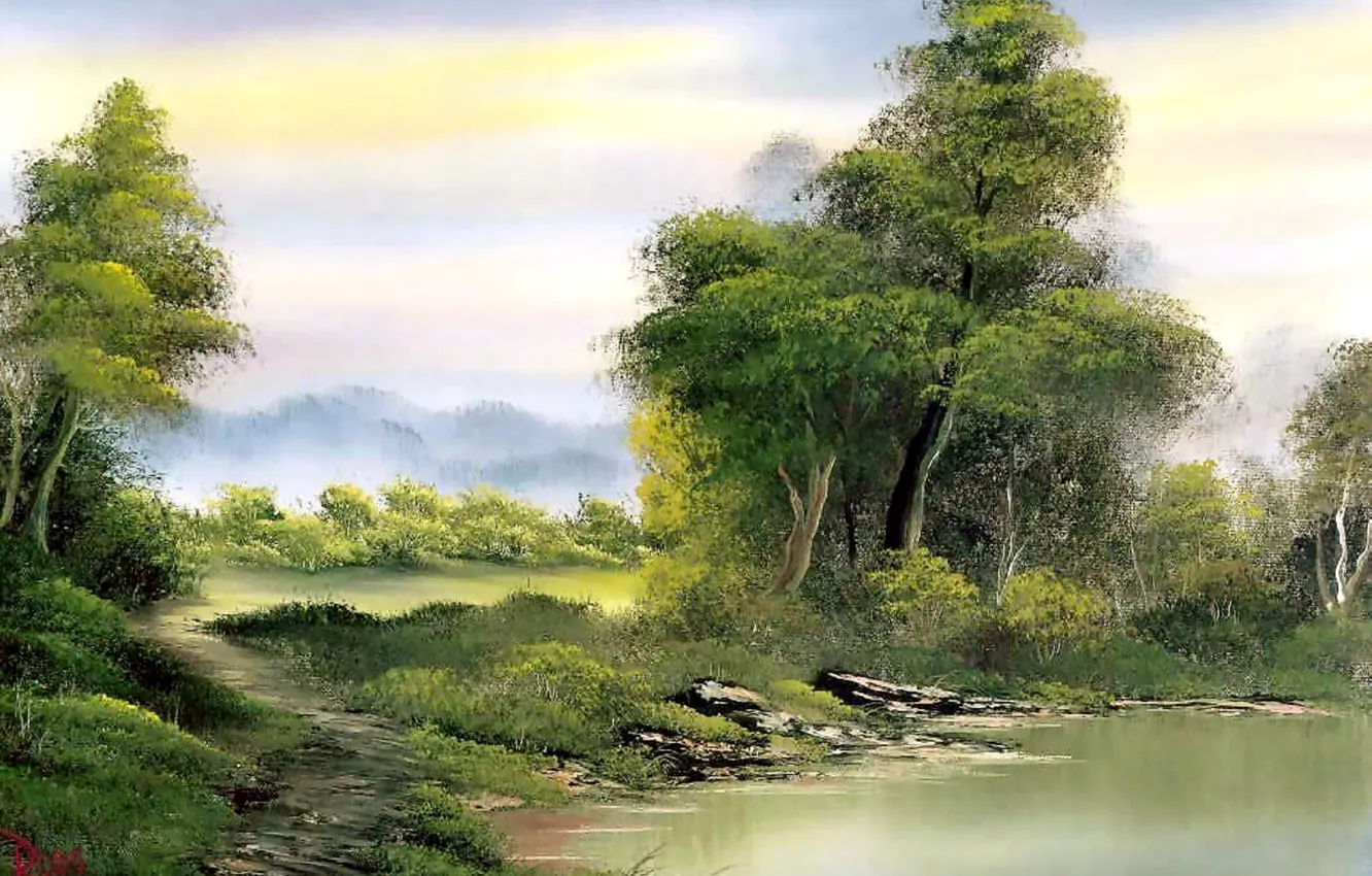 Фото обои лес, вода, деревья, озеро, берег, картина, живопись, тропинка