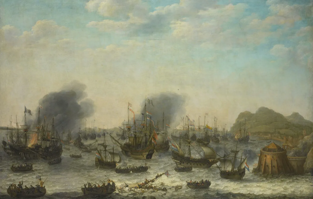 Фото обои корабль, масло, картина, парус, холст, баталия, Победа над Испанцами в Гибралтаре, Адам Уиллаертс