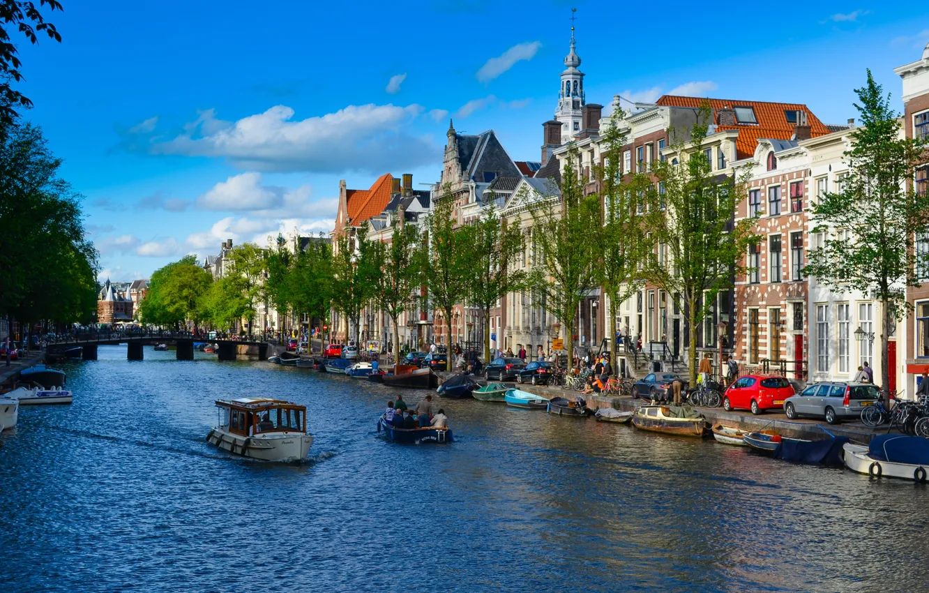 Фото обои город, амстердам, нидерланды, канал.