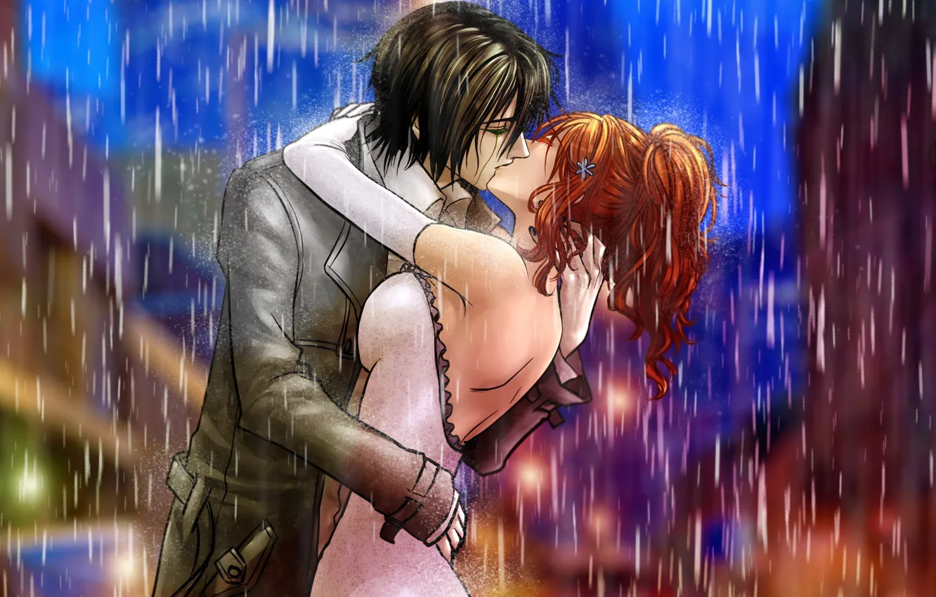 Фото обои девушка, дождь, поцелуй, арт, пара, парень, bleach, ulquiorra schiffe