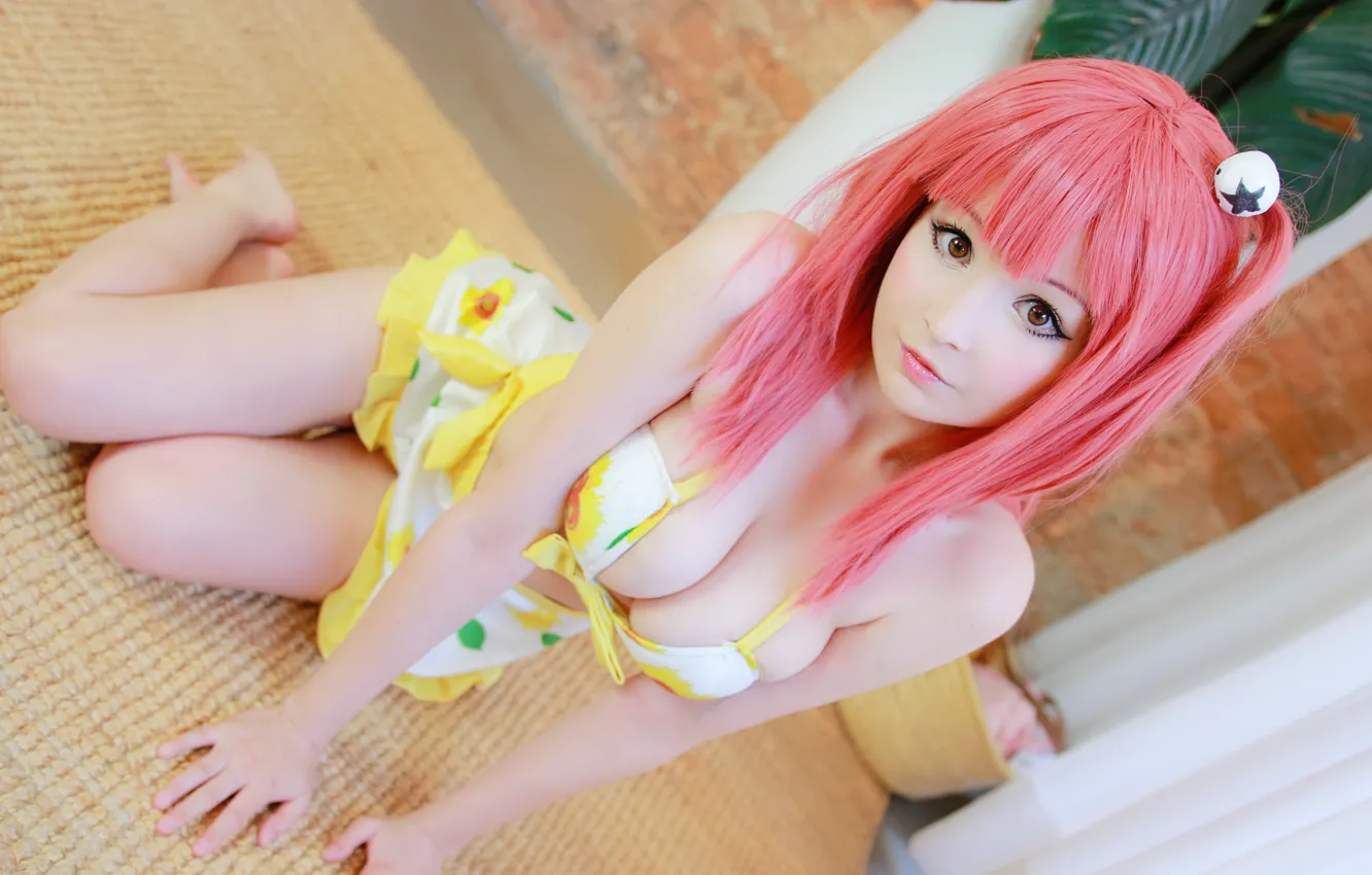 Фото обои girl, sexy, cleavage, pink hair, long hair, boobs, beautiful, pretty