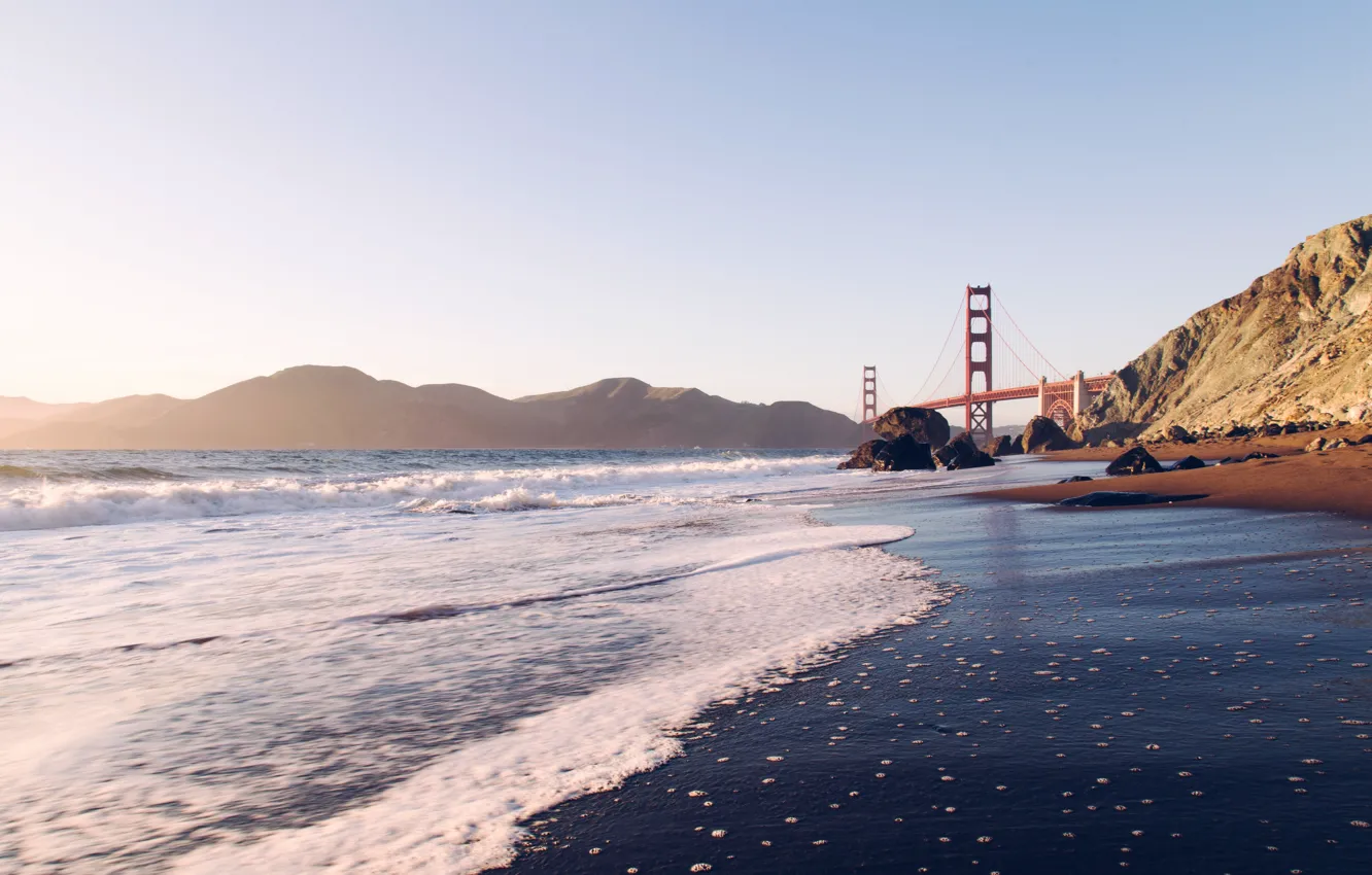 Фото обои скалы, берег, Сан-Франциско, Golden Gate Bridge, San Francisco, пролив Золотые Ворота, Мост Золотые Ворота, San …