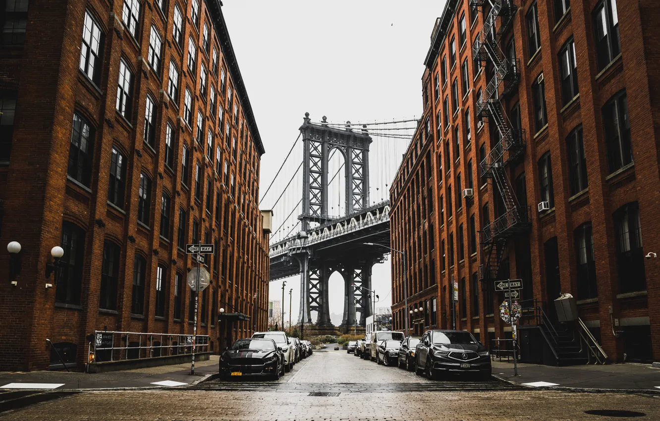 Фото обои мост, city, город, улица, дома, Нью-Йорк, вечер, Бруклин