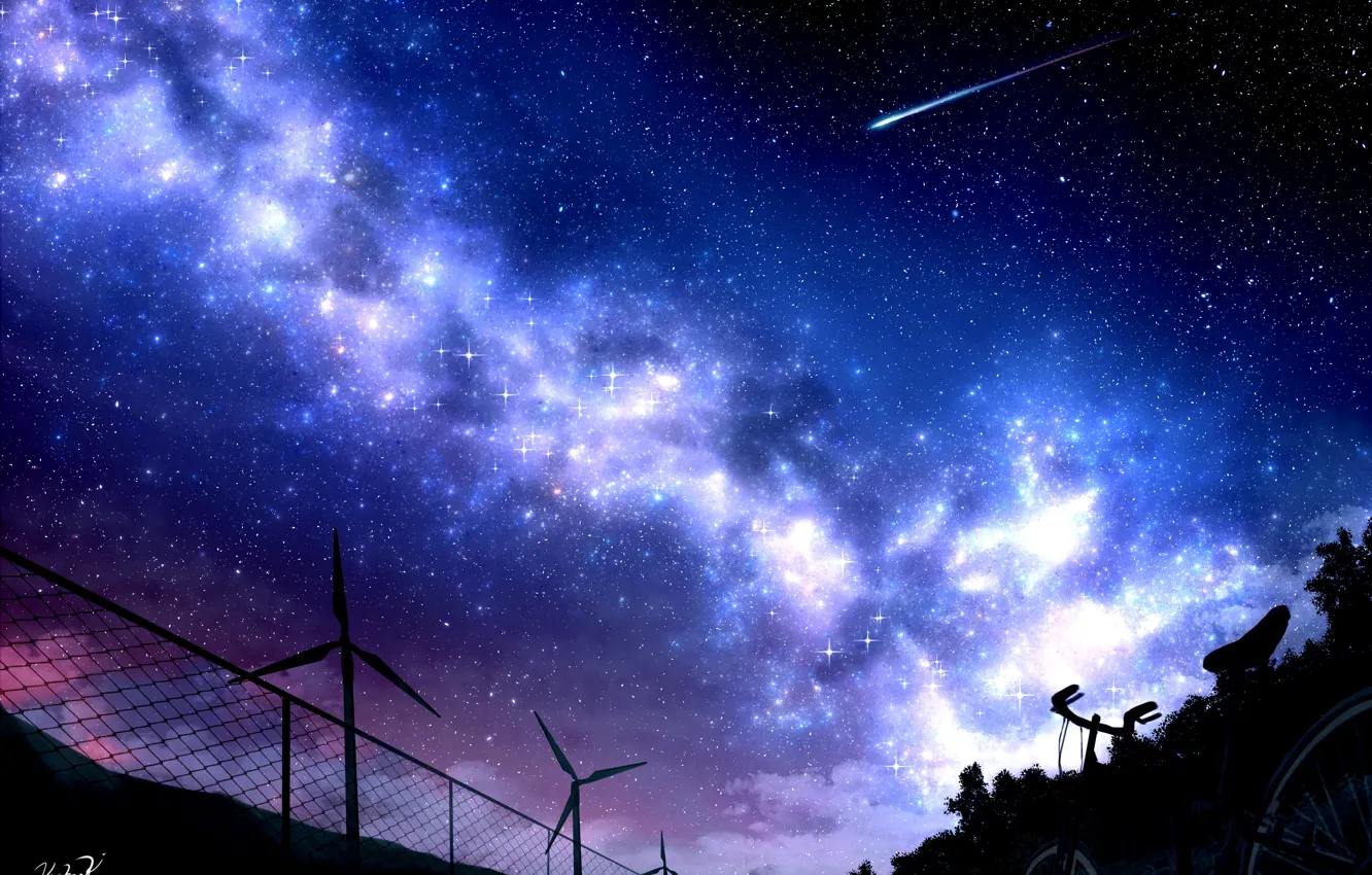 Фото обои небо, ночь, велосипед, забор, ветряки, млечный путь