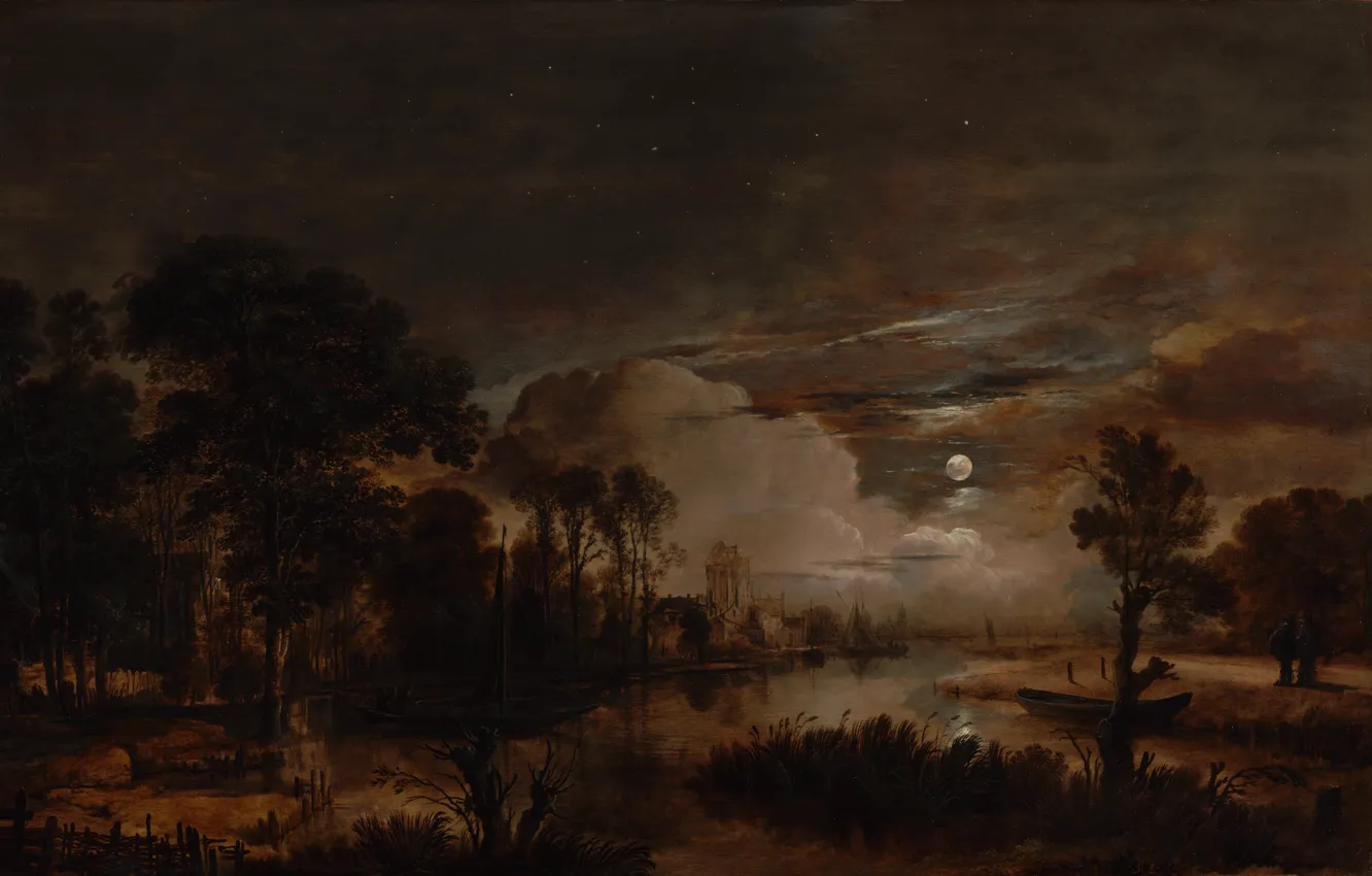 Фото обои живопись, landscape, Aert van der Neer, neer moonlit, aert van der, Amstel river, castle Kostverloren