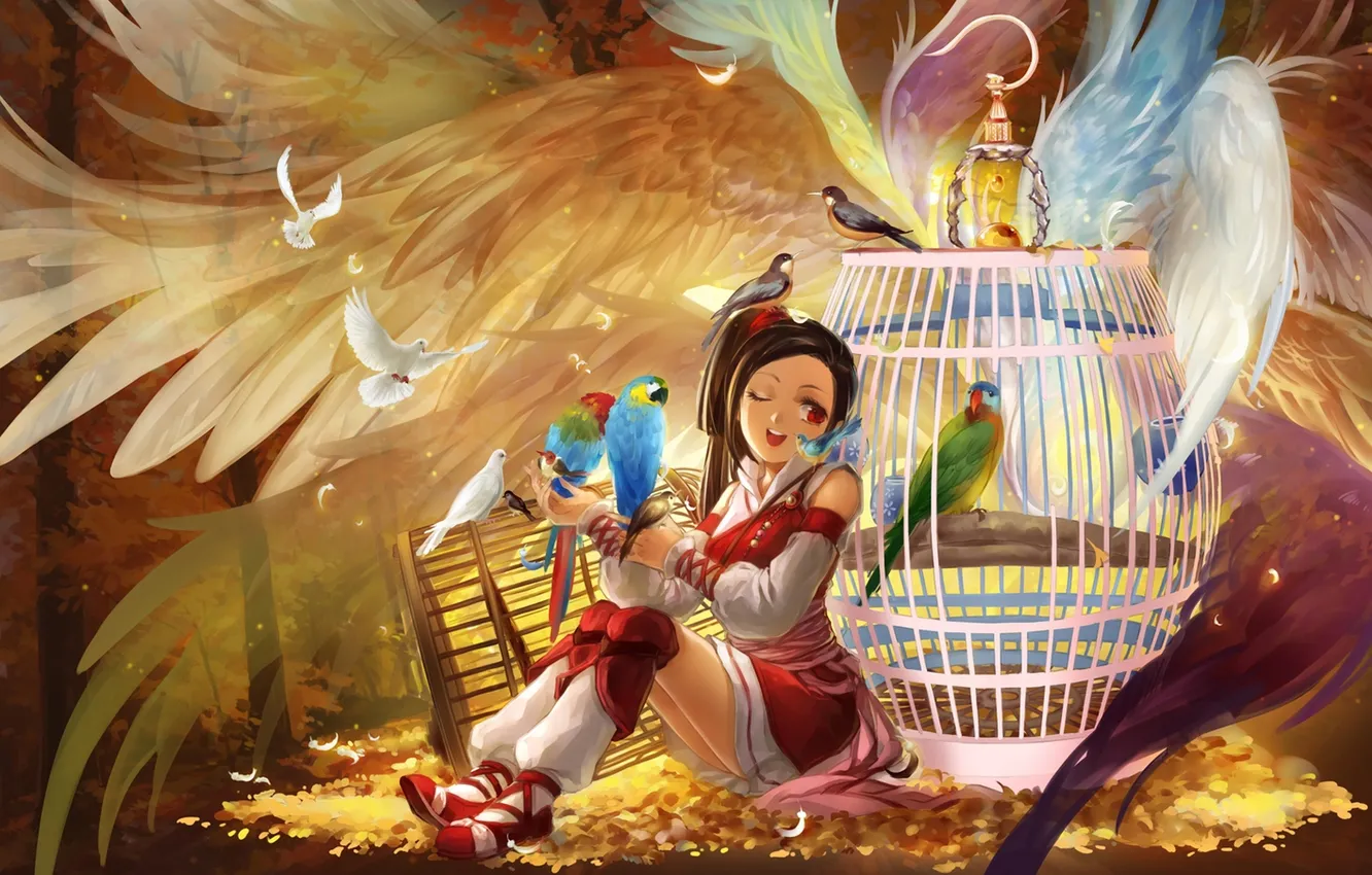 Фото обои девушка, деревья, птицы, крылья, аниме, перья, арт, клетки