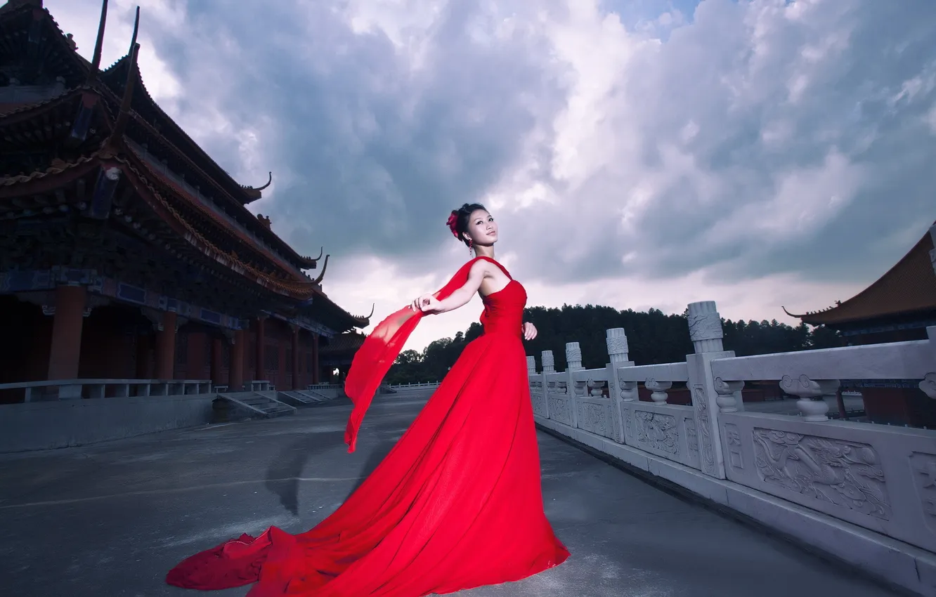 Фото обои девушка, синий, китай, красное платье, дворец