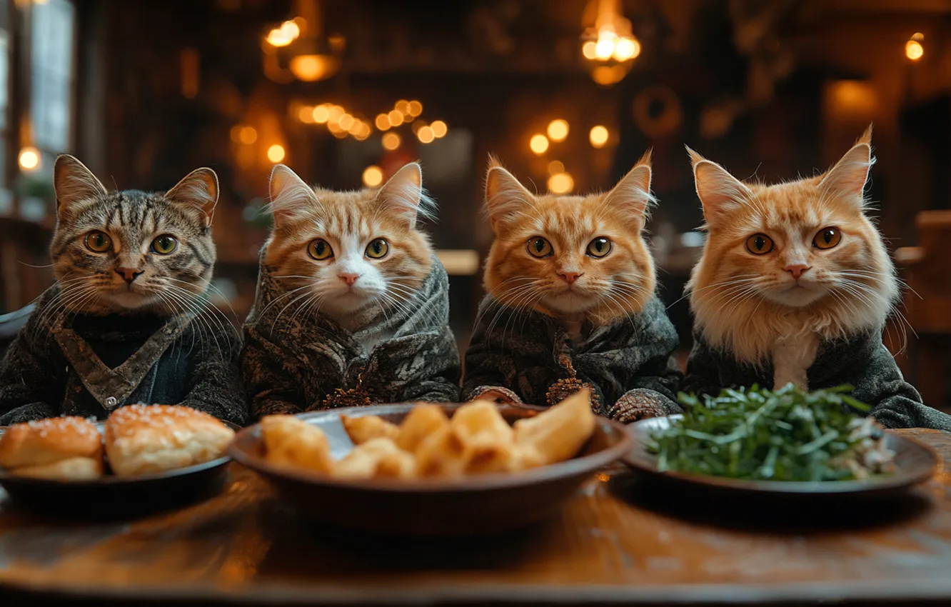 Фото обои кот, взгляд, кошки, огни, поза, стол, серый, коты