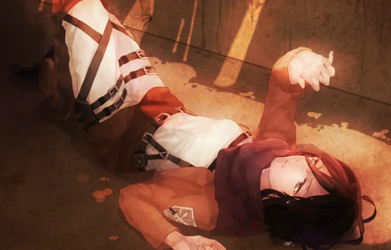 Фото обои шарф, военная форма, лежит на спине, луч света, Mikasa Ackerman, Вторжение Гигантов, Shingeki no Kyojin …