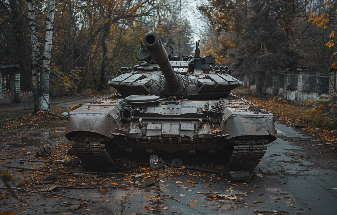 Фото обои Дорога, Деревья, Танк, Спереди, Цифровое искусство, ИИ-арт, Искусство искусственного интеллекта, Нейросеть