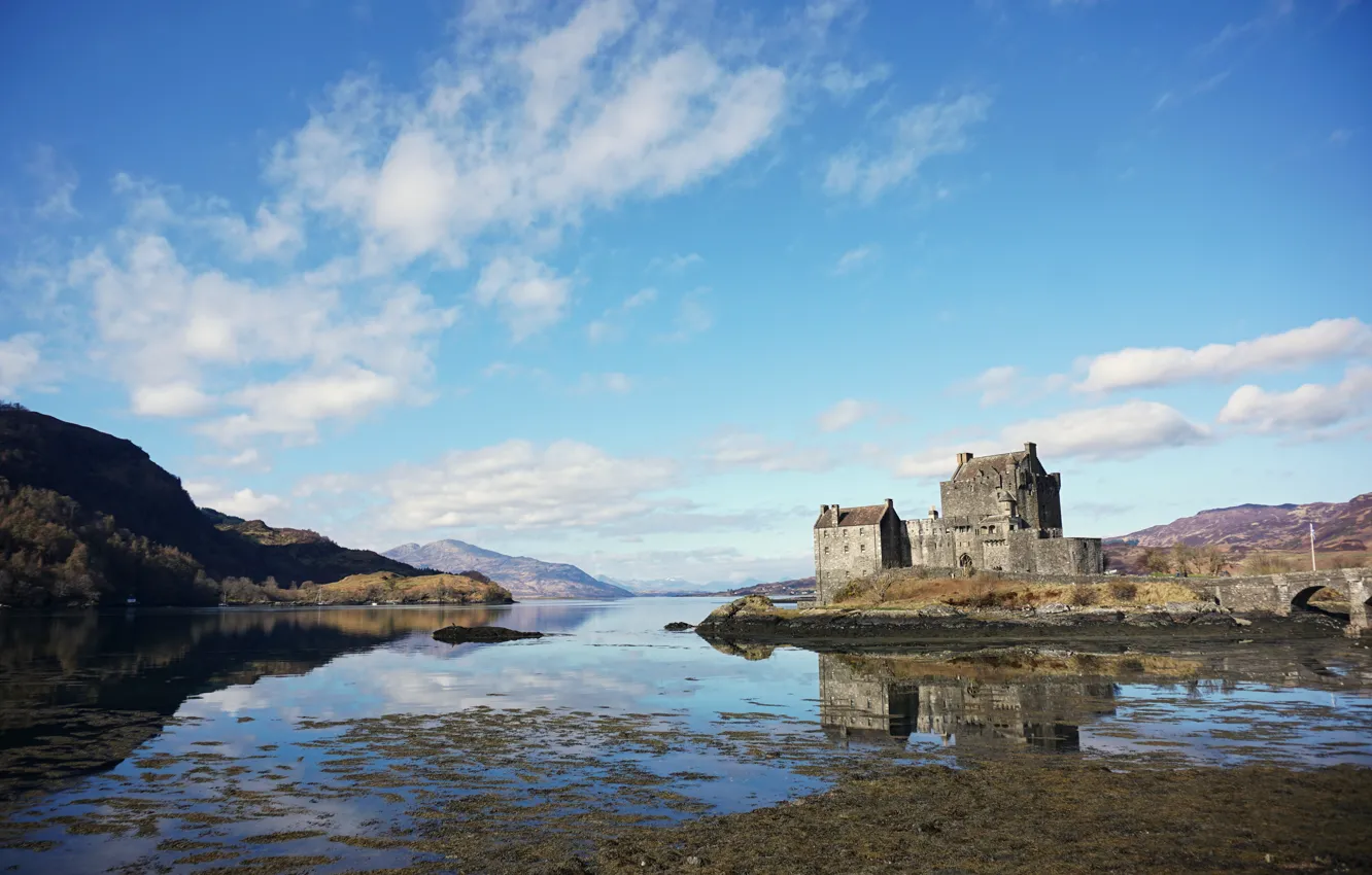 Фото обои небо, замок, берег, Шотландия, водоем