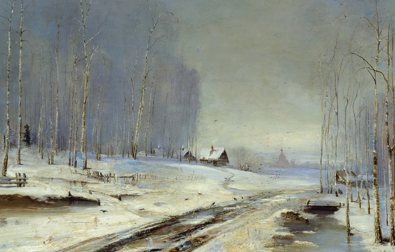 Фото обои зима, дорога, снег, деревья, пейзаж, картина, Алексей Саврасов, Распутица
