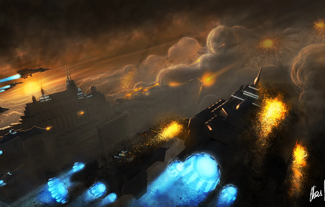 Фото обои город, дым, взрывы, корабли, арт, нападение, Warhammer, 40 000