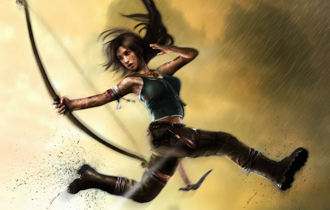 Фото обои девушка, дождь, прыжок, кровь, выстрел, лук, грязь, Tomb Raider