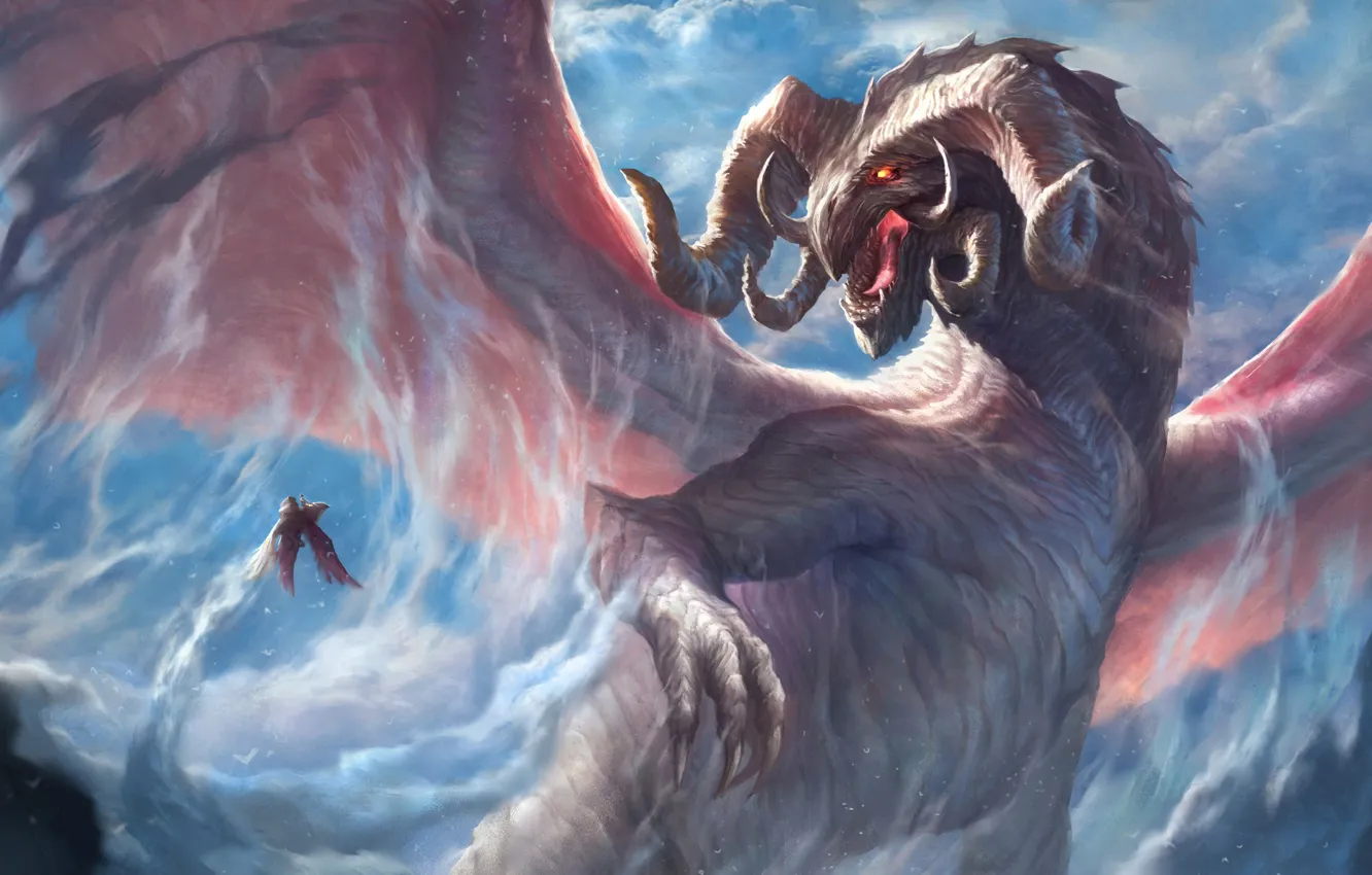Фото обои взгляд, дракон, крылья, мощь, фэнтези, арт, рога