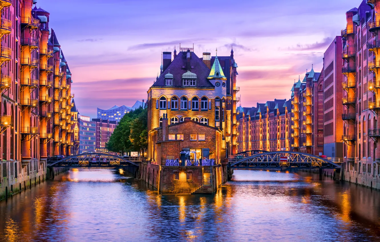 Фото обои река, дома, вечер, Германия, Гамбург, Germany, Hamburg