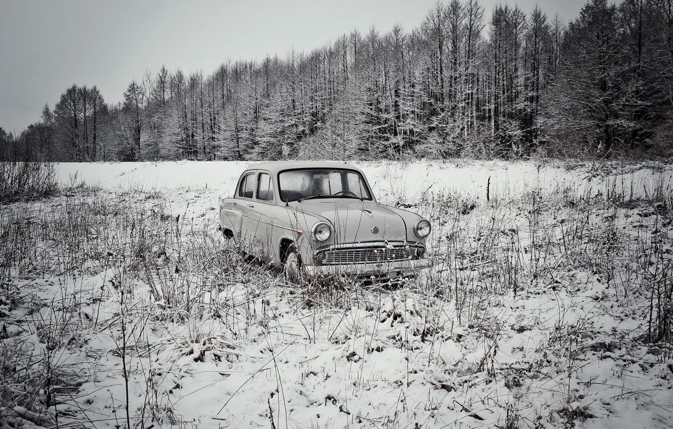 Фото обои зима, машина, Москвич 407
