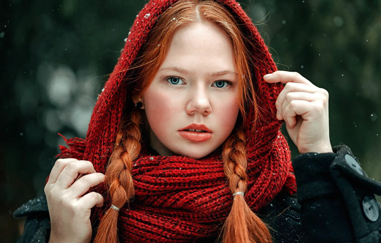 Фото обои снег, косички, рыжеволосая, Ангелина Полярная