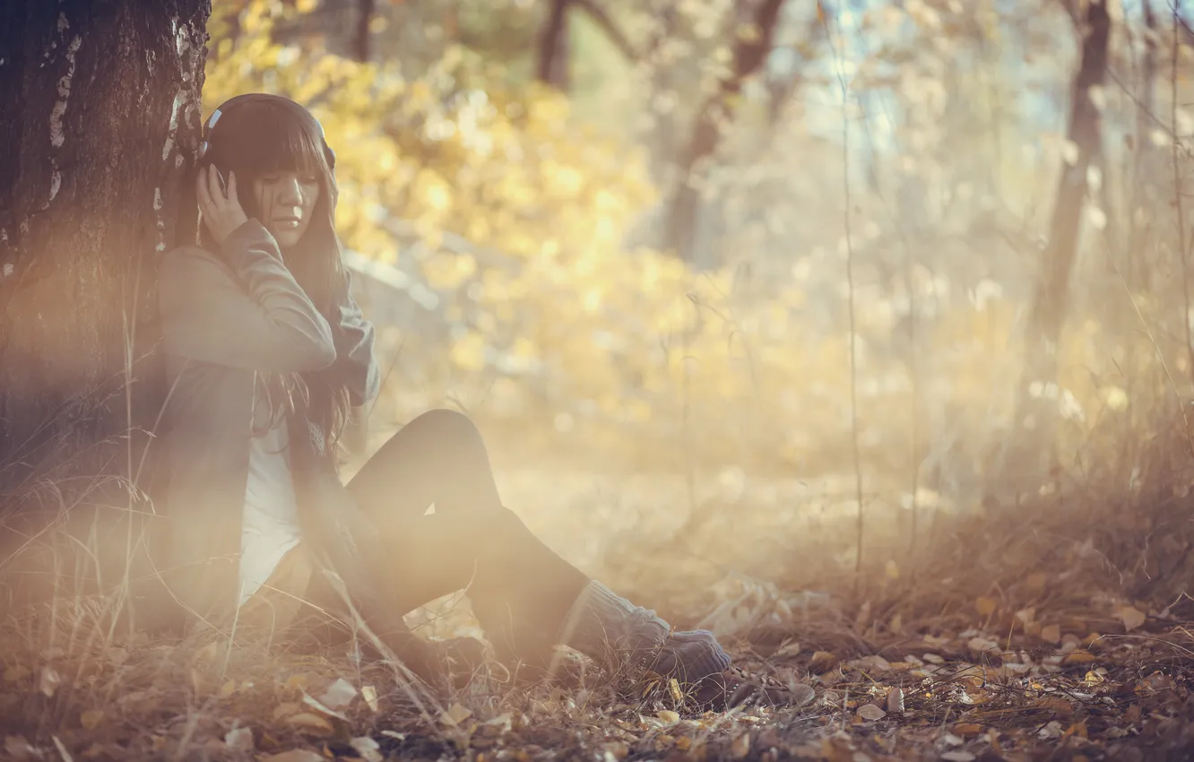 Фото обои осень, лес, листья, девушка, музыка, картинки, удерева