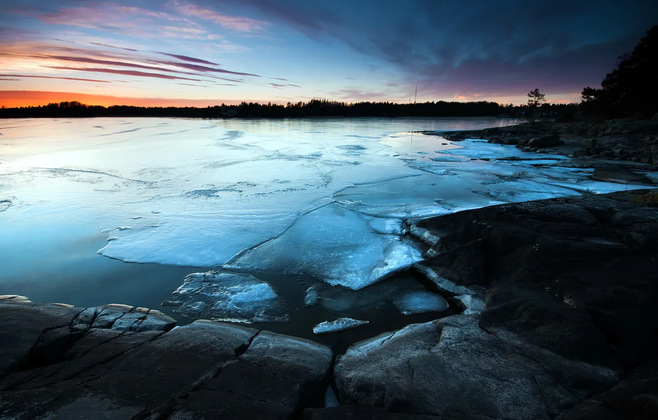 Фото обои закат, озеро, лёд