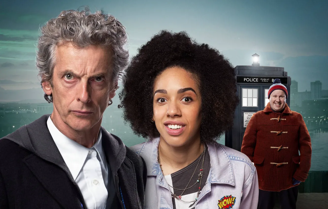 Фото обои взгляд, улыбка, будка, актеры, Doctor Who, Доктор Кто, ТАРДИС, TARDIS
