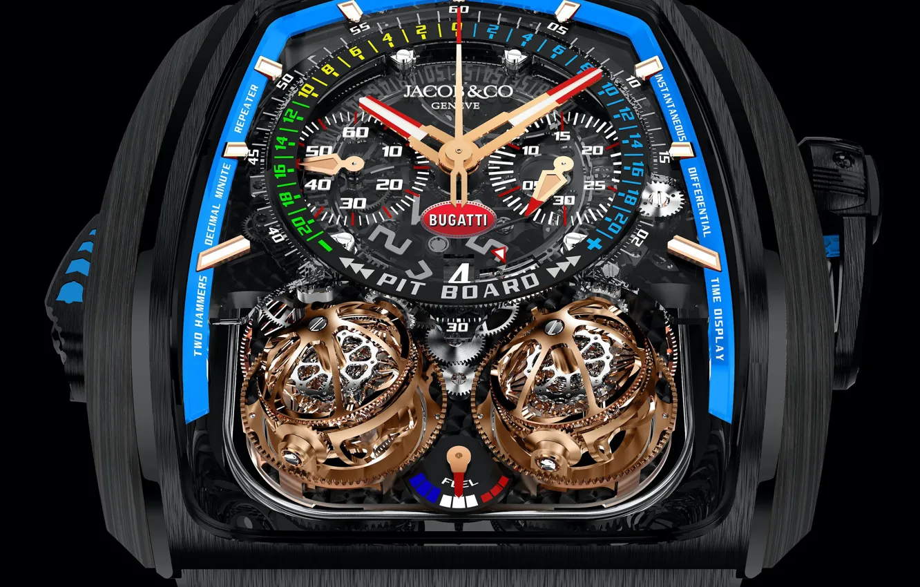 Фото обои часы, Bugatti, черный фон, роскошь, шик, люкс, Revolution, Chiron