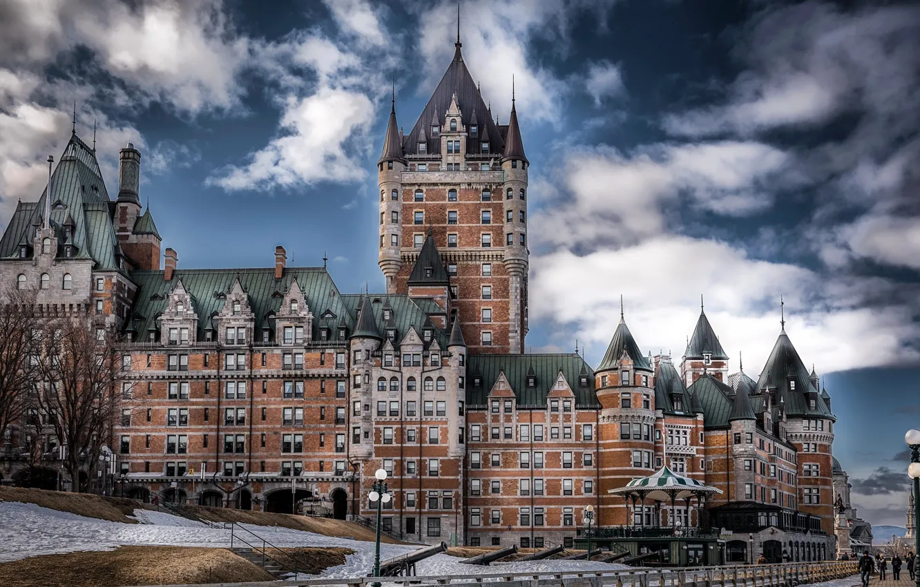 Фото обои зима, небо, замок, HDR, Канада, Château Frontenac, Ville de Québec