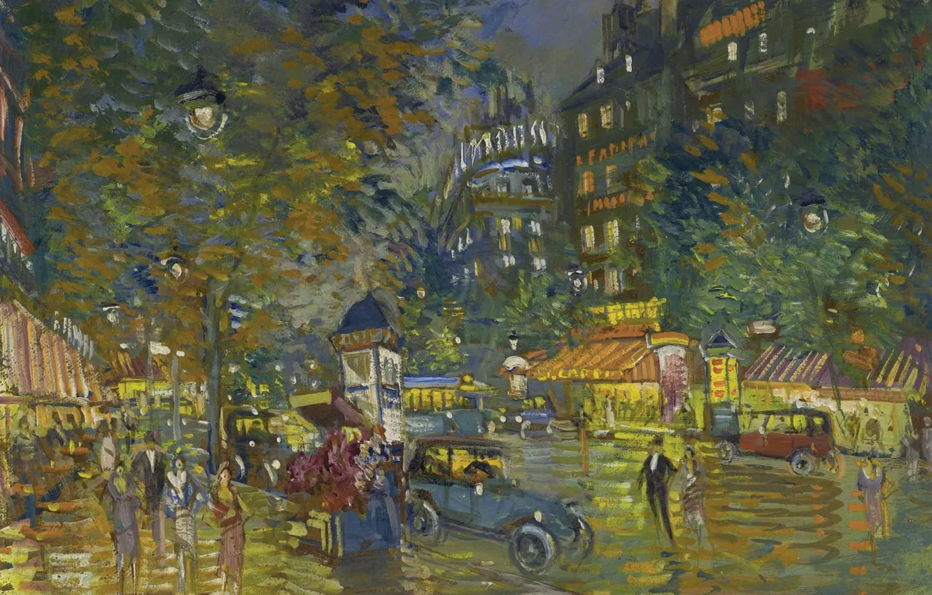 Фото обои улица, дома, картина, автомобиль, городской пейзаж, Константин Коровин, Вечер в Париже