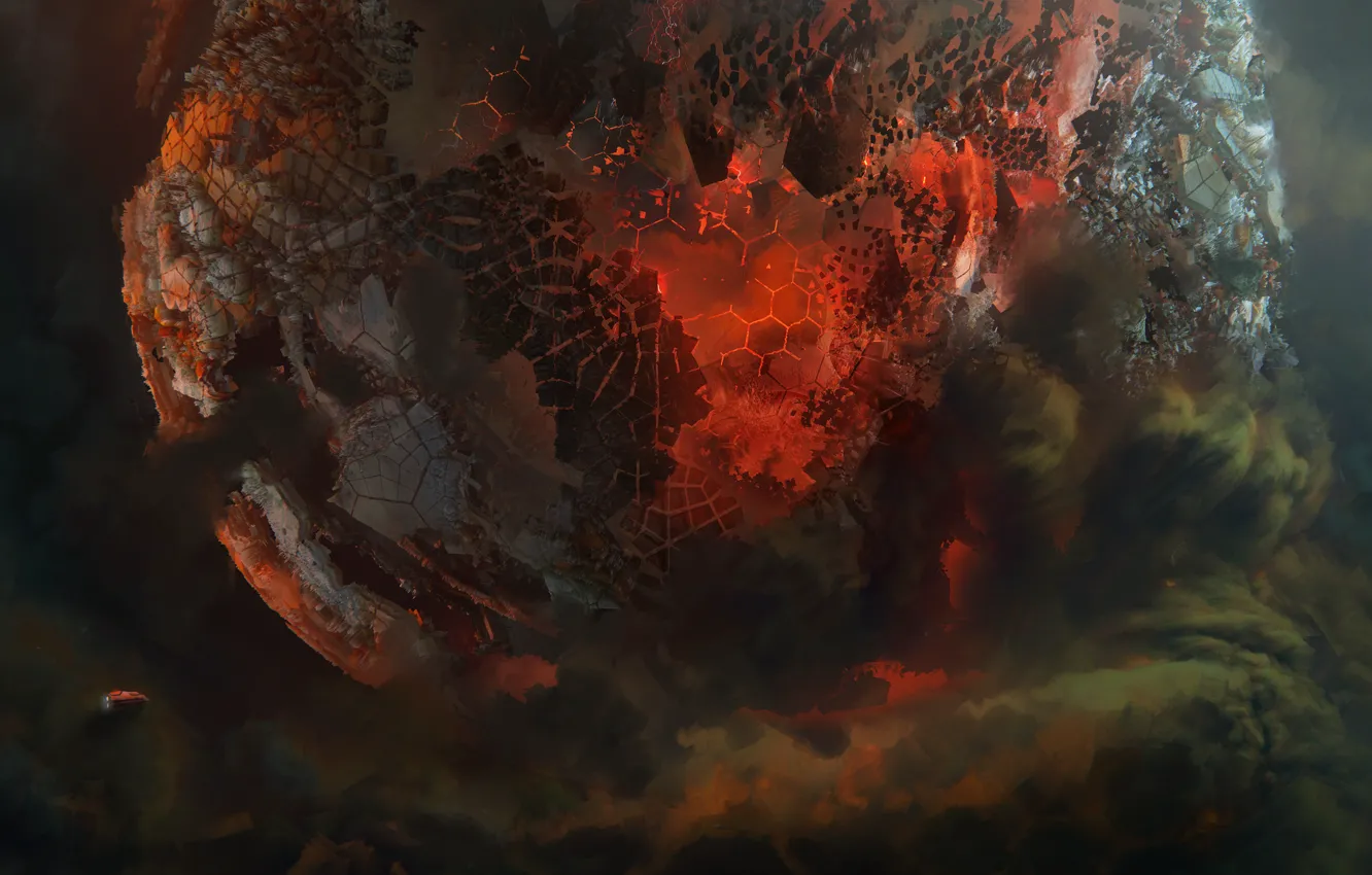 Фото обои огни, шары, дым, разрушение, misplaced core