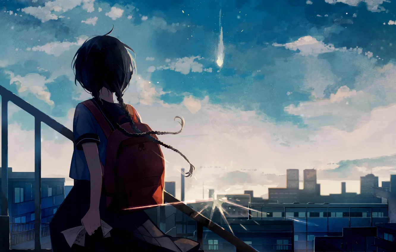 Фото обои небо, облака, город, комета, лестница, девочка