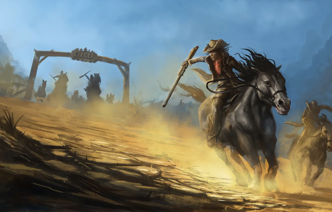 Фото обои оружие, погоня, лошади, бандиты, живопись, ковбои, шляпы
