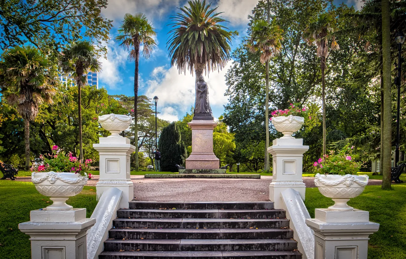 Фото обои парк, пальмы, газон, Австралия, лестница, памятник, скамейки, Melbourne