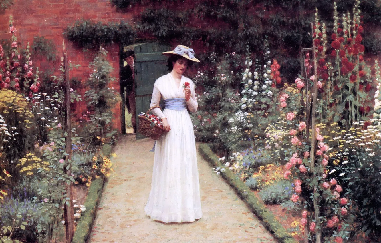 Фото обои цветы, корзина, джентльмен, Leighton Edmund Blair, наряд., Lady in a Garden big