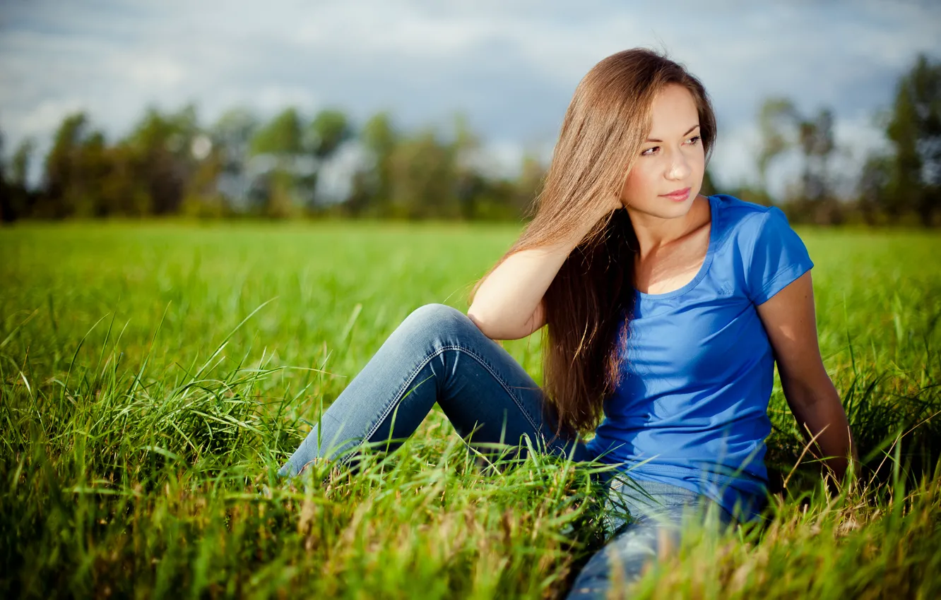 Фото обои лето, трава, девушка, луг